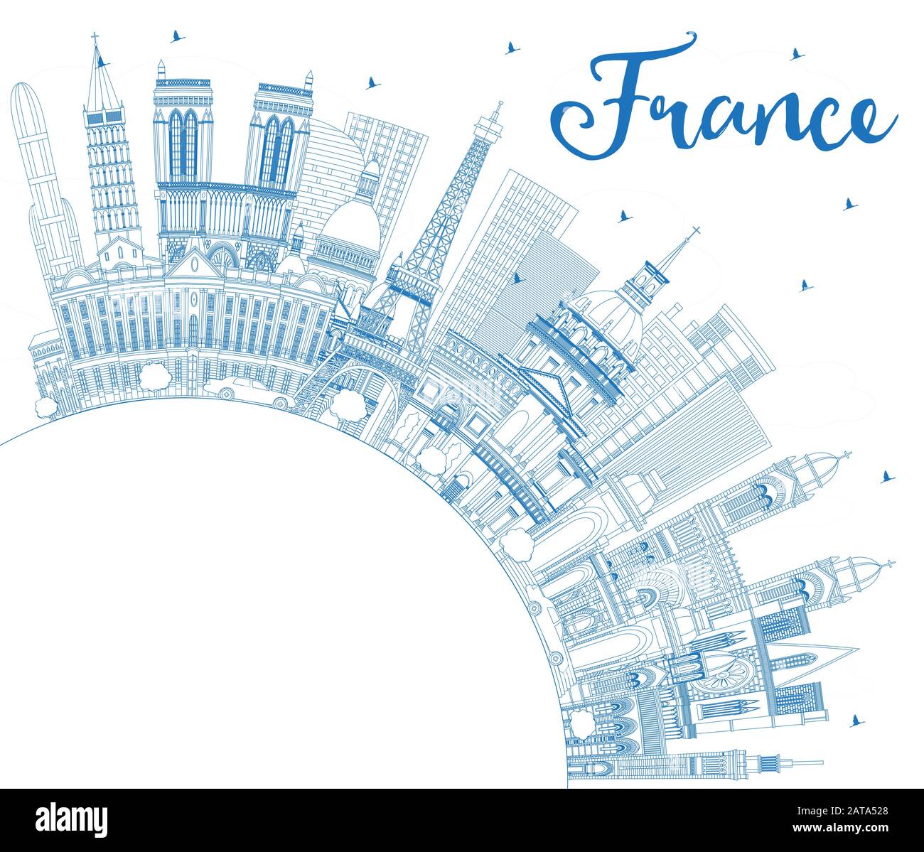 Outline France City Skyline with Blue Buildings and Copy Space. Vector Illustration. Tourism Concept with Historic Architecture. France Cityscape. Stock Vector