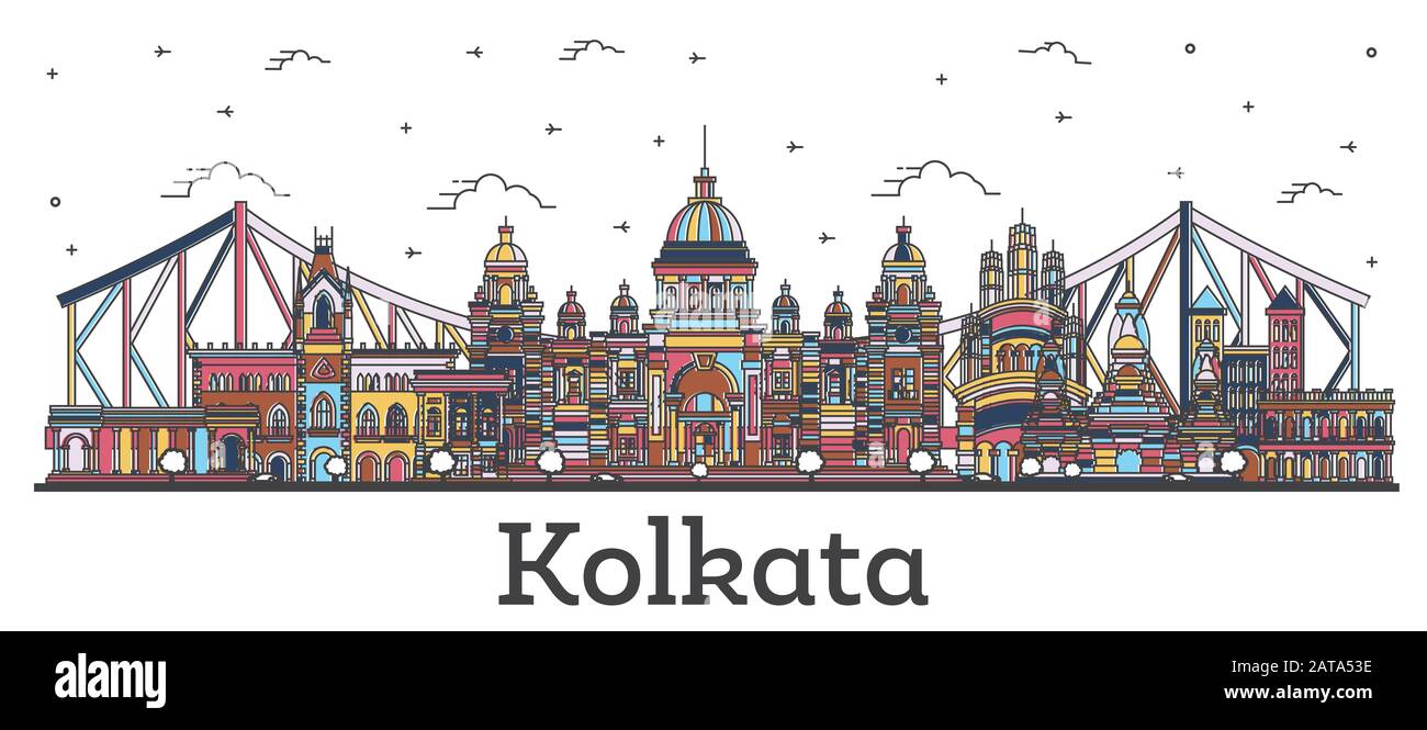 Outline Kolkata India City Skyline with Color Buildings Isolated on