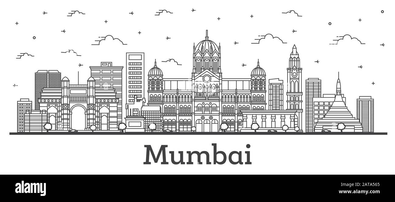 Outline Mumbai India City Skyline with Historic Buildings Isolated on White. Vector Illustration. Bombay Cityscape with Landmarks. Stock Vector