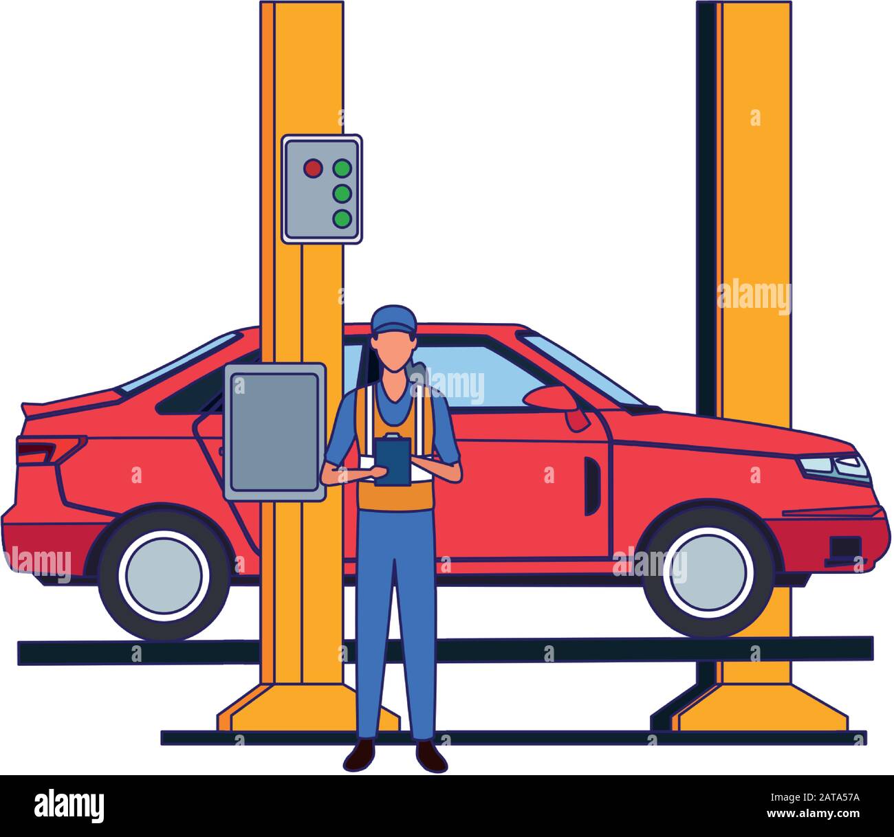 car repair design of mechanic with car on car lift icon Stock Vector ...