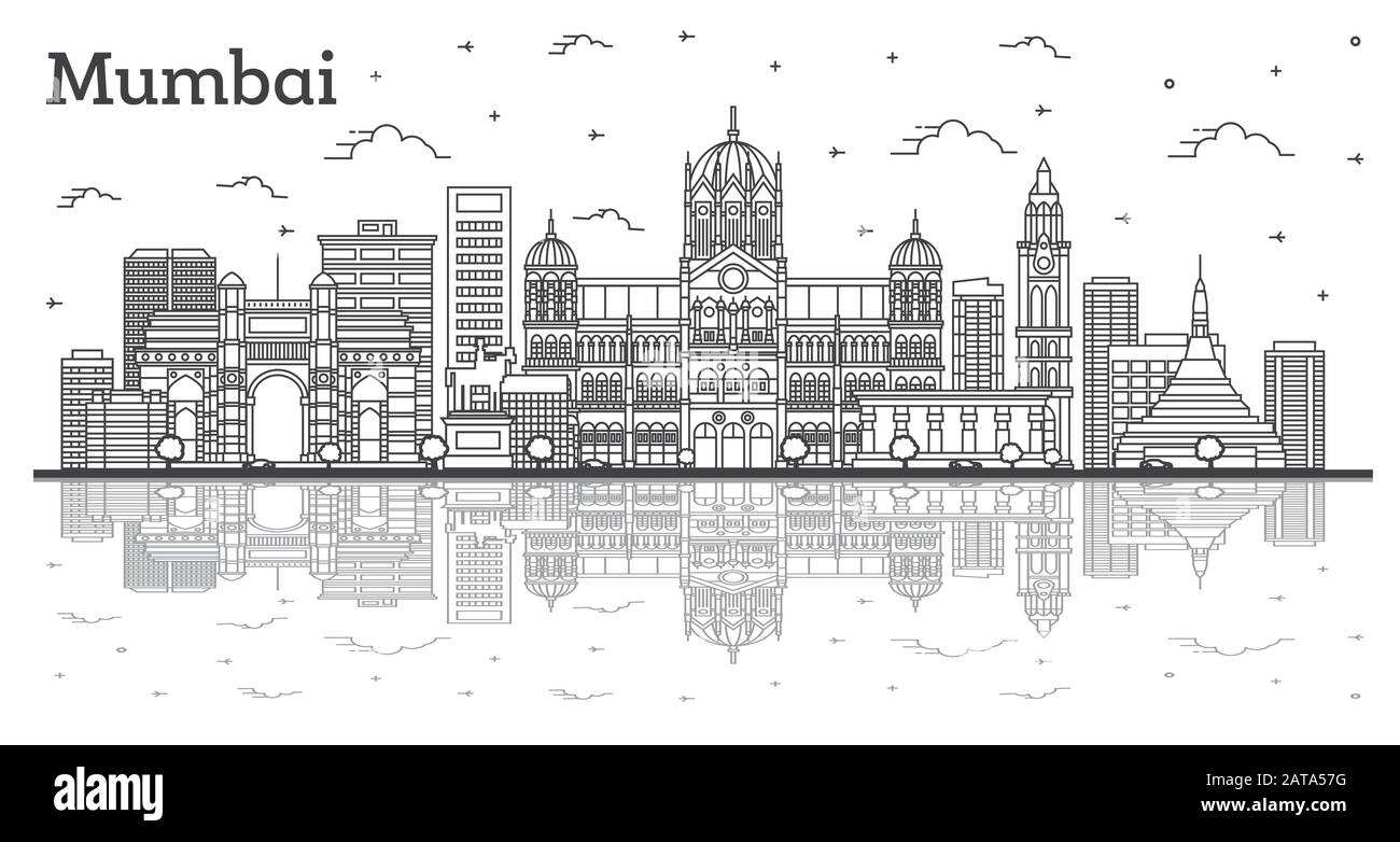 Outline Mumbai India City Skyline with Historic Buildings and Reflections Isolated on White. Vector Illustration. Bombay Cityscape with Landmarks. Stock Vector