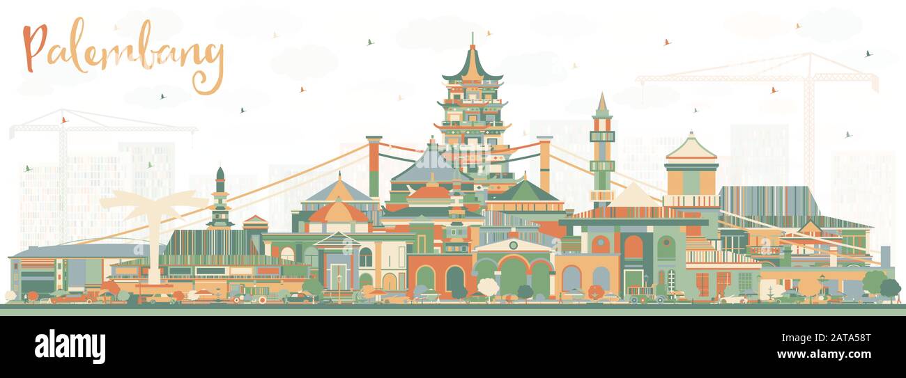 Palembang Indonesia City Skyline with Color Buildings. Vector