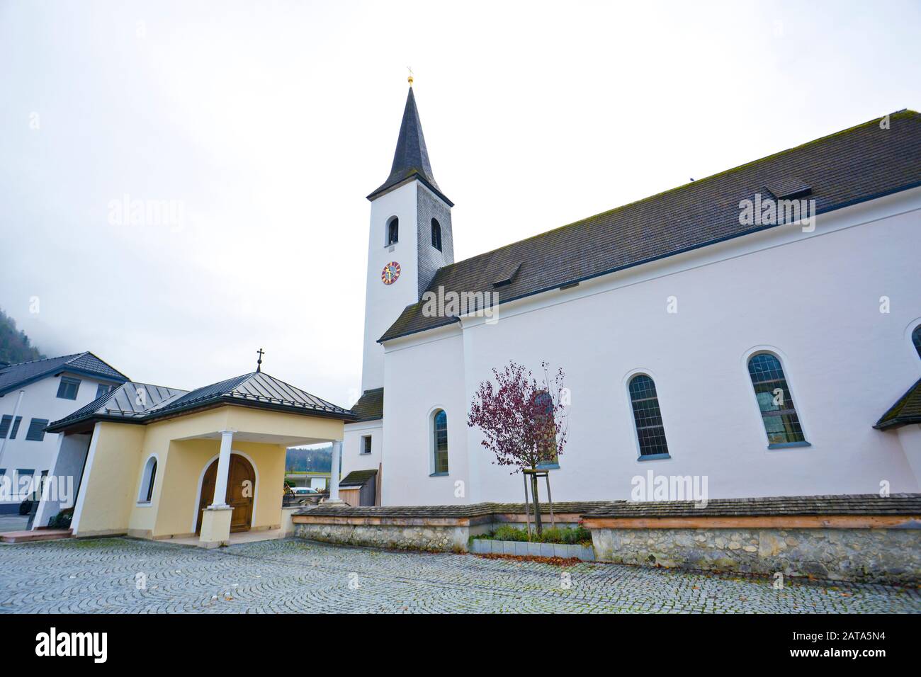 Pfarramt church at Fuschl am See, Austria.  It's romantic small towns in Europe. Stock Photo
