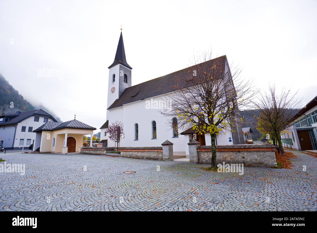 Pfarramt church at Fuschl am See, Austria.  It's romantic small towns in Europe. Stock Photo