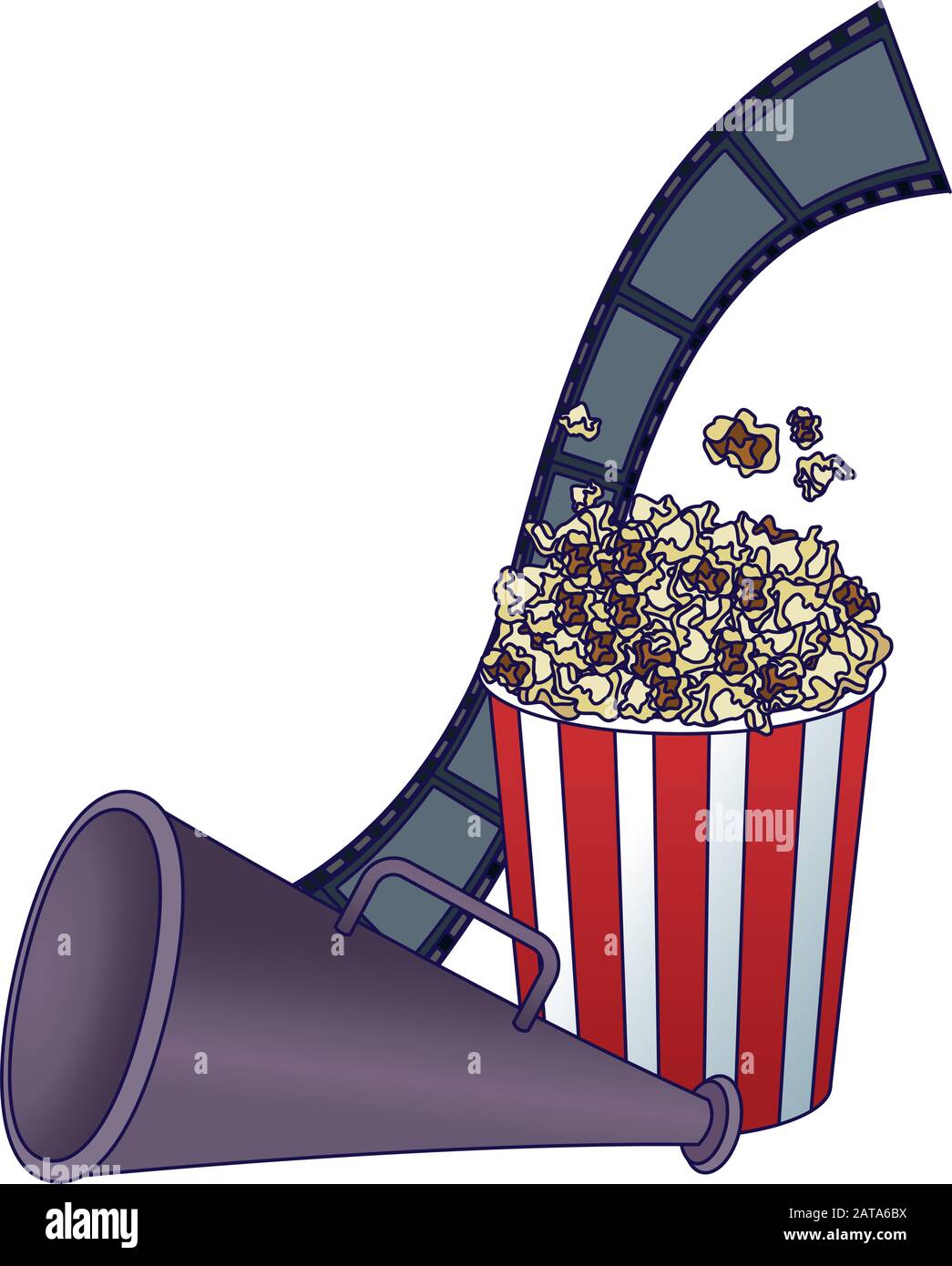 directors megaphone with pop corn bucket and film reel, colorful design