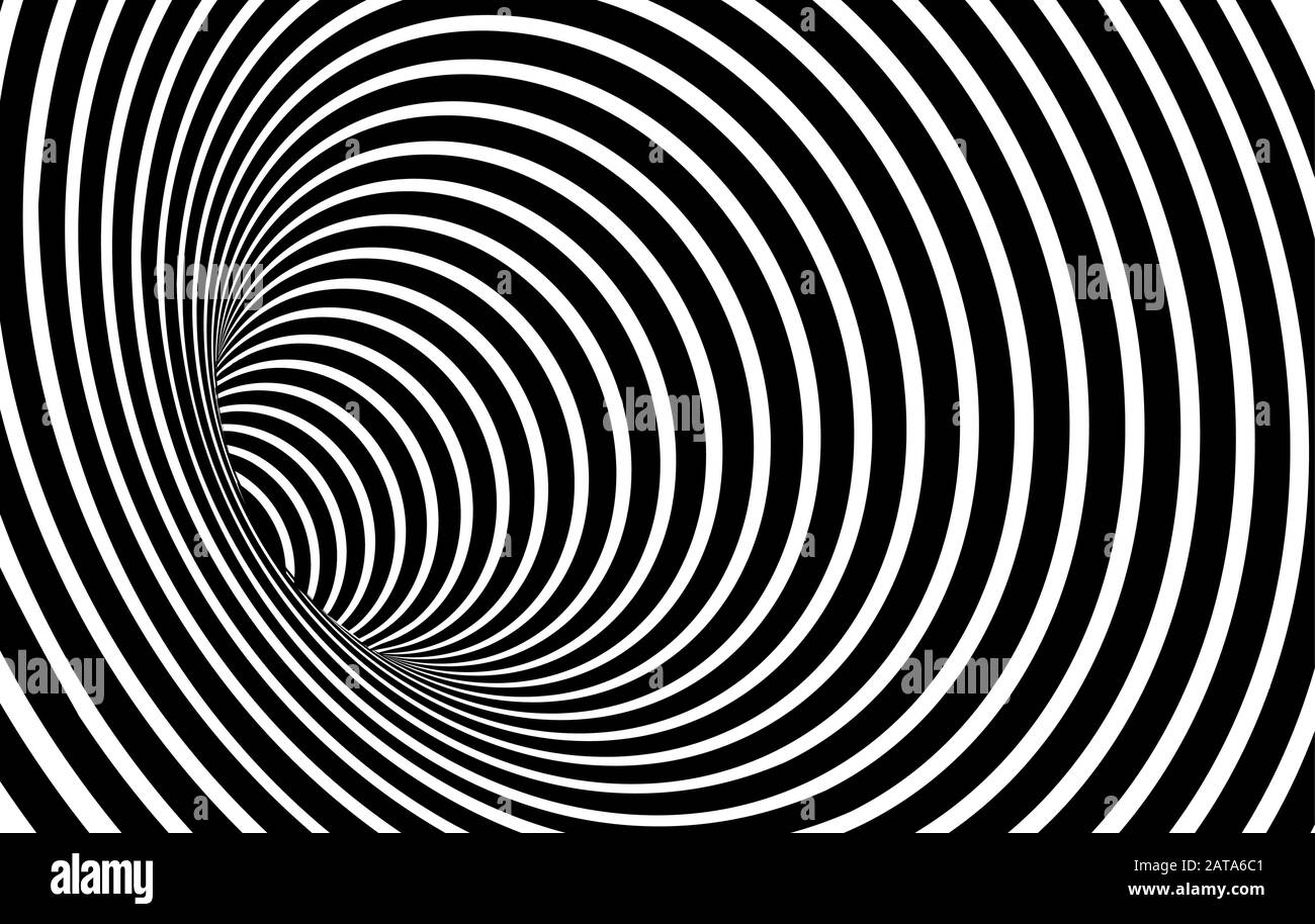 Geometric Black and White Abstract Hypnotic Worm-Hole Tunnel - Optical Illusion - Vector Illusion Optical Art Stock Vector