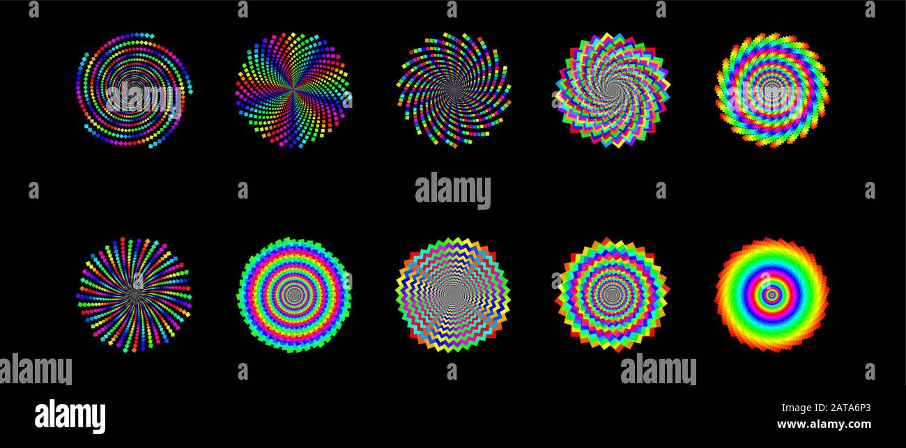 Vector Iridescent Phyllotaxis Spiral Vortex Shape Set - Bright Generative Op Art Elements Stock Vector