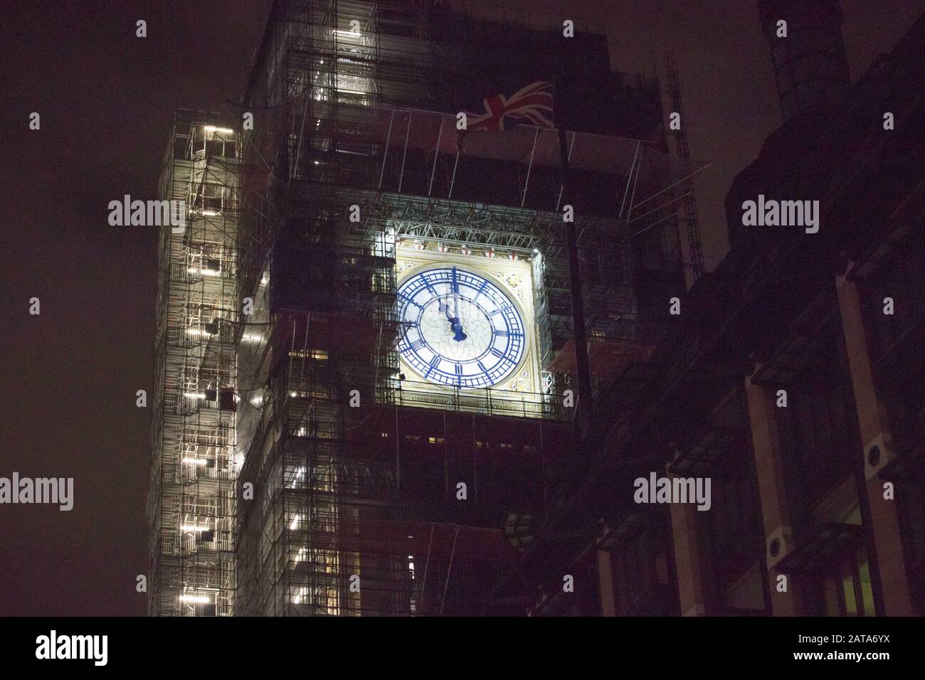 London, London, UK. 31st Jan, 2020. The Big Ben Clock shows 11 p.m. (2300 GMT), in London, Britain on Jan. 31, 2020. Britain officially left the European Union (EU) at 11 p.m. (2300 GMT) Friday, putting an end to its 47-year-long membership of the world's largest trading bloc. Credit: Tim Ireland/Xinhua/Alamy Live News Stock Photo
