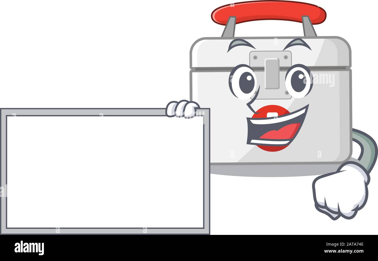 Funny first aid kit cartoon character design style with board Stock