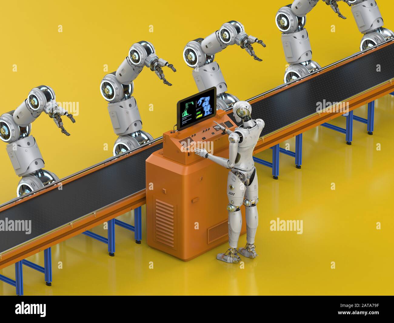Automation factory concept with 3d rendering cyborg in factory Stock Photo