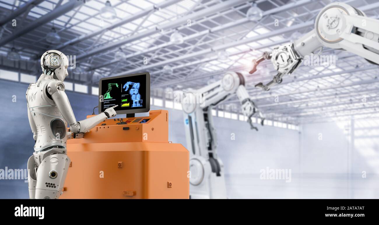 Automation factory concept with 3d rendering cyborg in factory Stock Photo