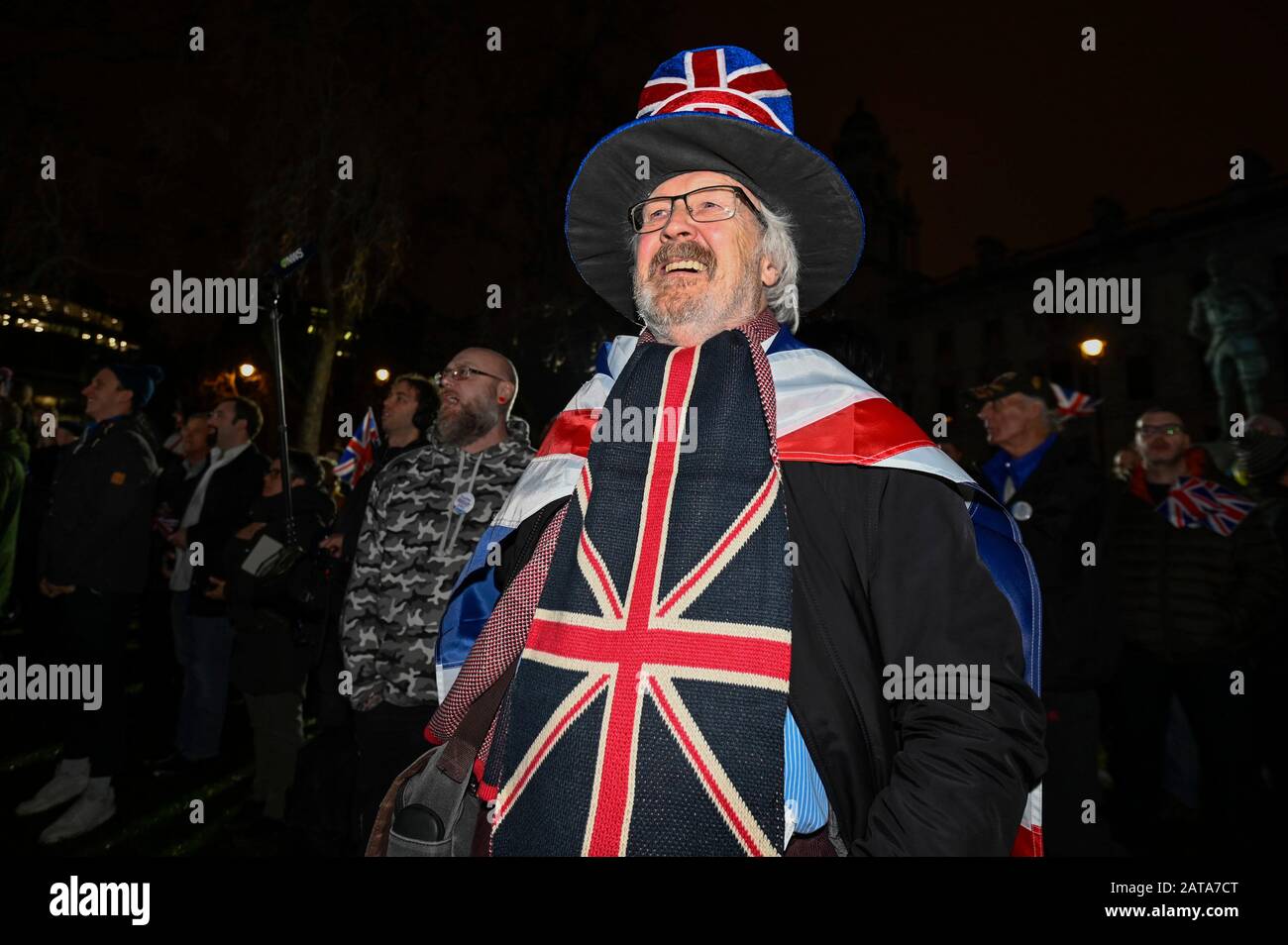 London, Britain. 31st Jan, 2020. Pro-Brexit supporters celebrate Brexit at a gathering at Parliament Square, in London, Britain, on Jan. 31, 2020. Britain officially left the European Union (EU) at 11 p.m. (2300 GMT) Friday, putting an end to its 47-year-long membership of the world's largest trading bloc. Credit: Stephen Chung/Xinhua/Alamy Live News Stock Photo