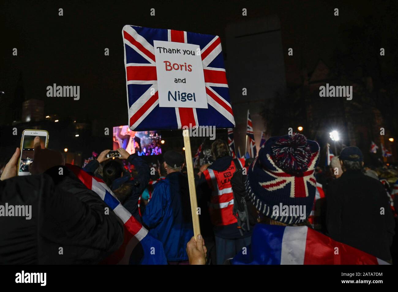 London, Britain. 31st Jan, 2020. Pro-Brexit supporters celebrate Brexit at a gathering at Parliament Square, in London, Britain, on Jan. 31, 2020. Britain officially left the European Union (EU) at 11 p.m. (2300 GMT) Friday, putting an end to its 47-year-long membership of the world's largest trading bloc. Credit: Stephen Chung/Xinhua/Alamy Live News Stock Photo