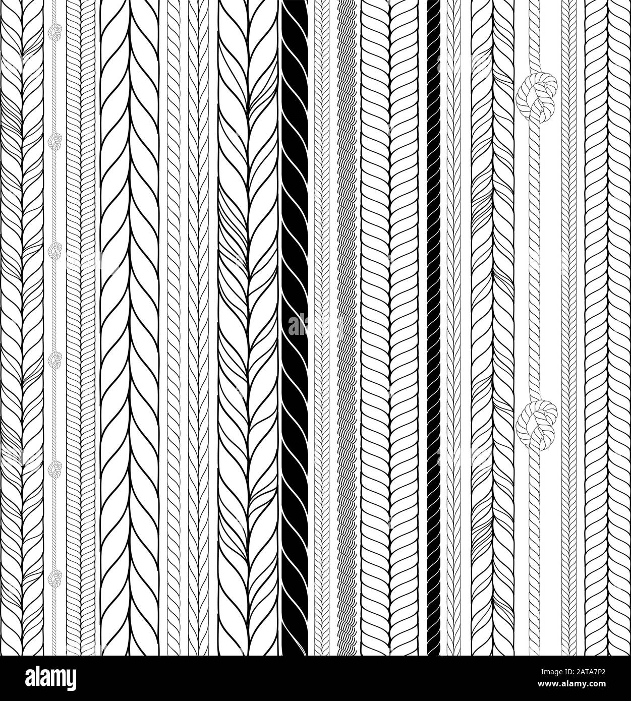 Vector Seamless Black and White Braids and Cords Background - Repeating Simple Ropes Template for Design Project Stock Vector