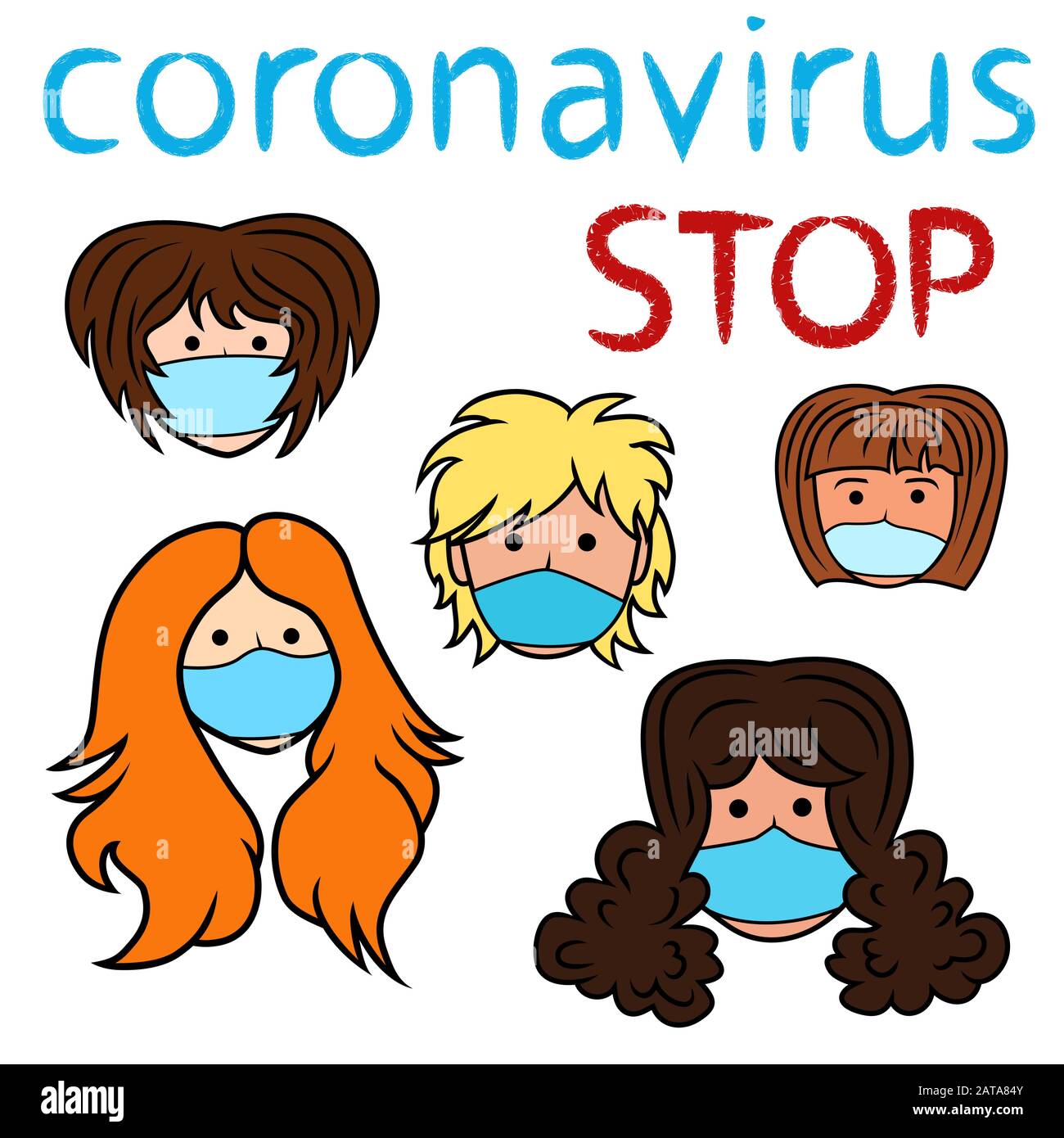 Stop coronavirus, women in protective medical mask on white background, concept of people protection against new pandemic threats such as viruses, cor Stock Vector