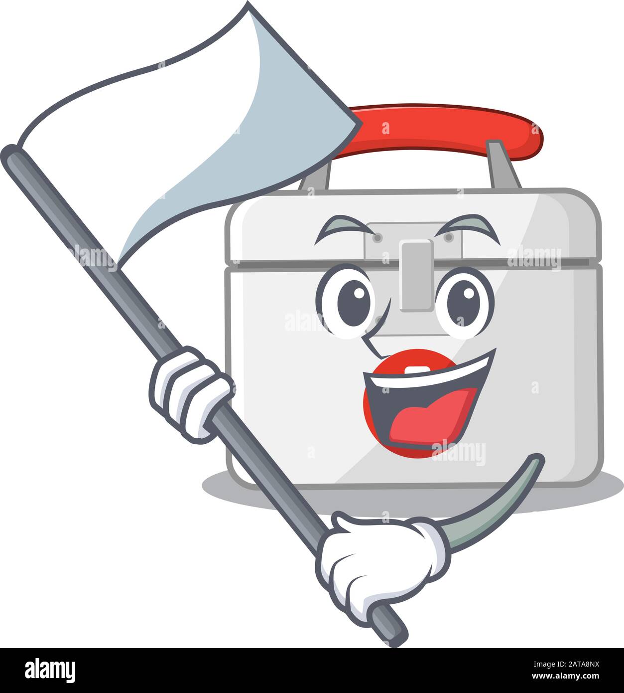 Funny first aid kit cartoon character style holding a standing flag