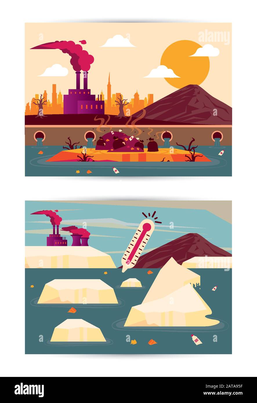 global warming alert with set scenes Stock Vector