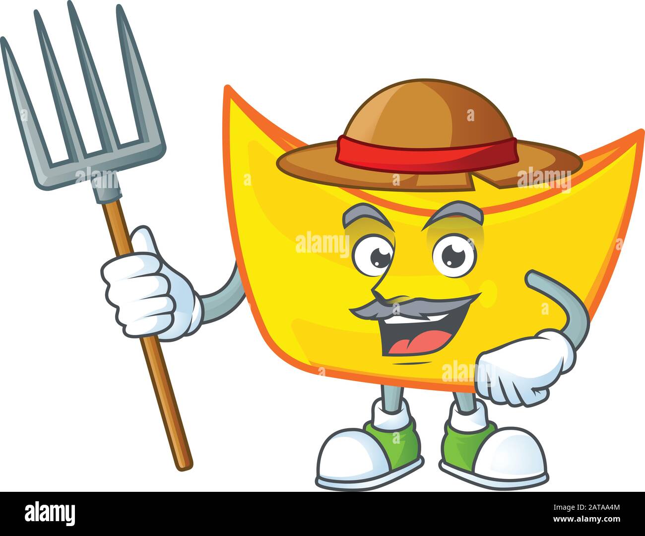 Cute Farmer chinese gold ingot cartoon mascot with hat and tools Stock ...