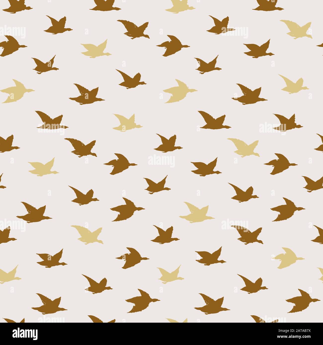 Golden Beige Swallow Birds Print. Seamless Pattern with Modern Inky