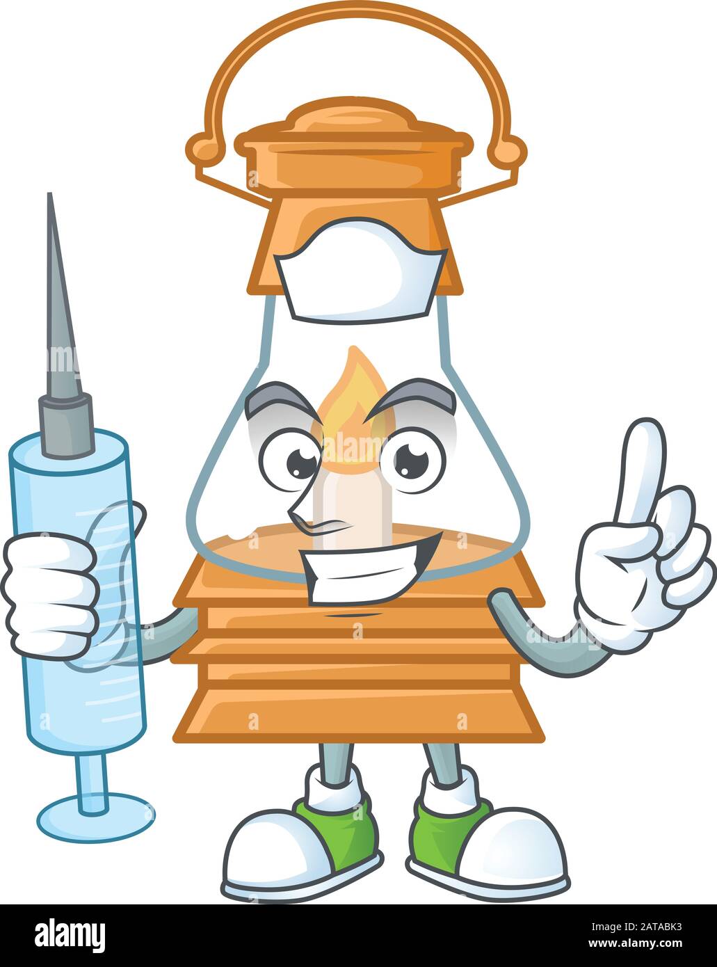 Smiley Nurse oil lamp cartoon character with a syringe Stock Vector