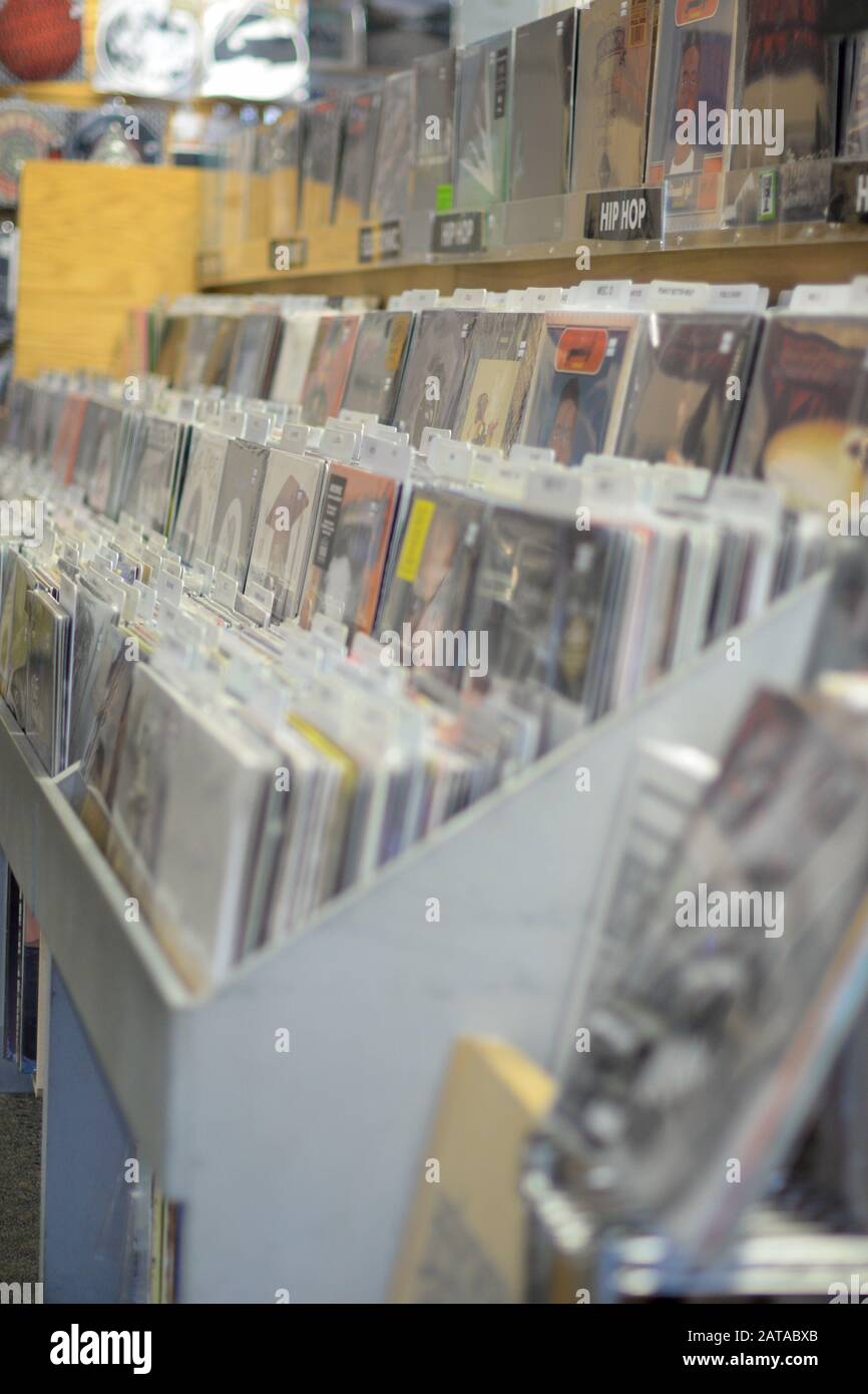 Austin, Texas, USA June 2017 Vinyl records on rack of local music store Stock Photo