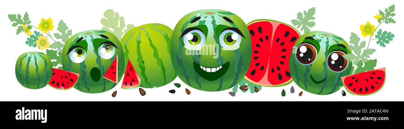 Watermelon border. Cute cartoon emoji vegetables with flowers Stock Vector
