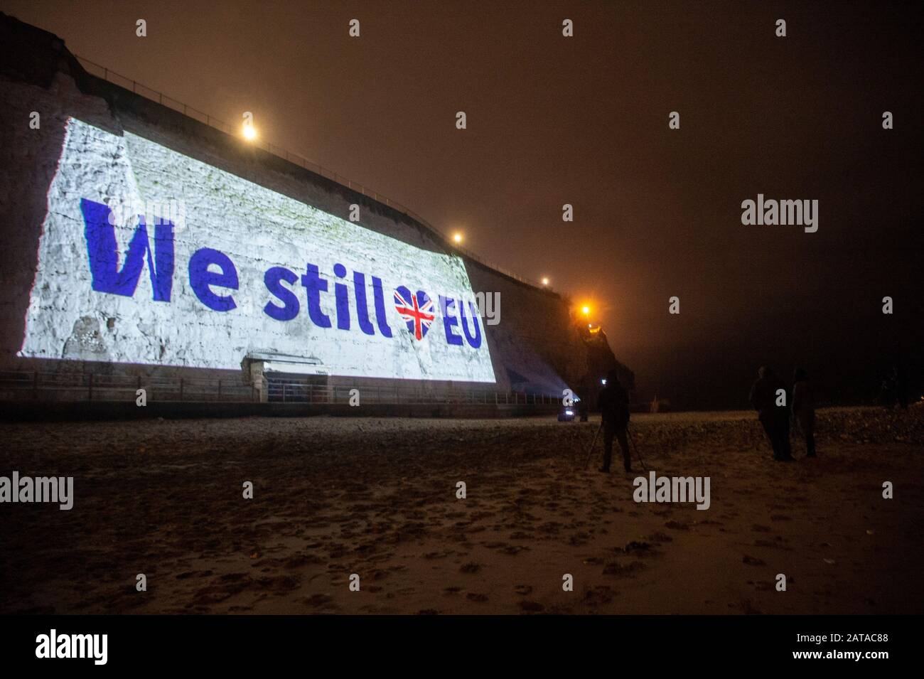 London, Britain. 31st Jan, 2020. The message 'We still love EU' is projected on the cliffs of Ramsgate in Ramsgate, Britain, on Jan. 31, 2020. Credit: Ray Tang/Xinhua/Alamy Live News Stock Photo