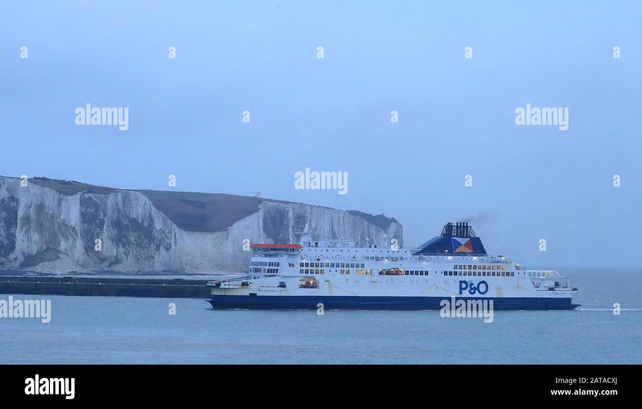 The P&O ferry, Pride of Canterbury, arrives at the Port of Dover in Kent, after the UK left the European Union on Friday, ending 47 years of close and sometimes uncomfortable ties to Brussels. Stock Photo