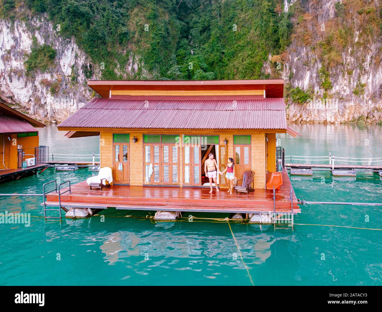 floating bungalows at Khao Sok Thailand, drone view at the lake ...