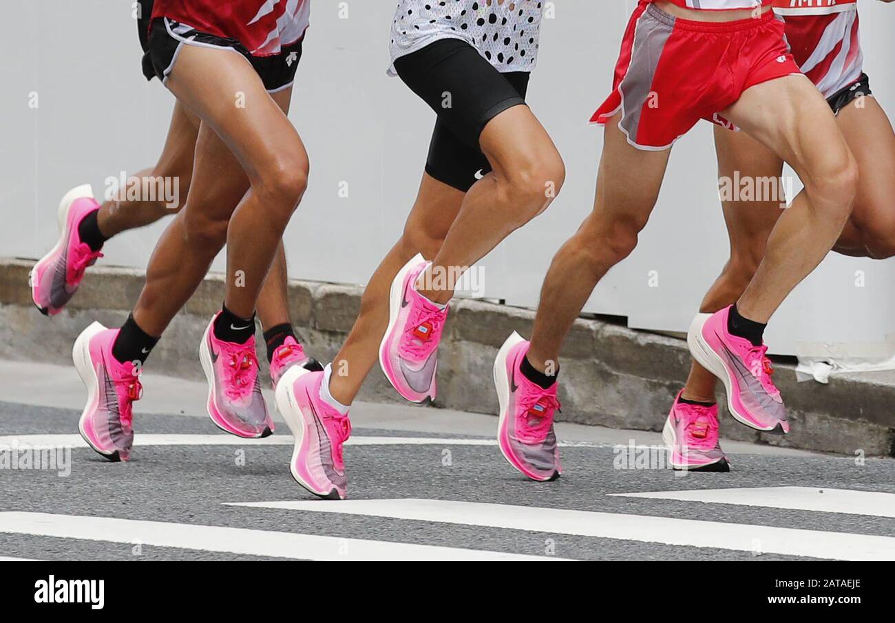 Photo taken during a qualifier of the Tokyo Olympics marathon in Tokyo on  Sept. 15, 2019, shows runners wearing controversial Nike shows. World  Athletics, the sport's international federation, said on Jan. 31,