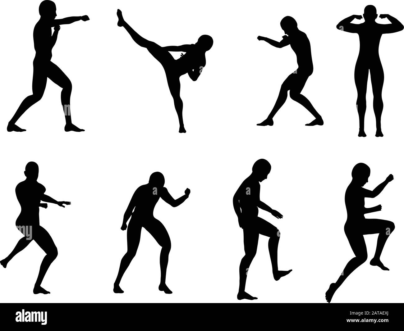 Silhouette of Young Man Fight Poses  - Vector Set of Cutouts Stock Vector