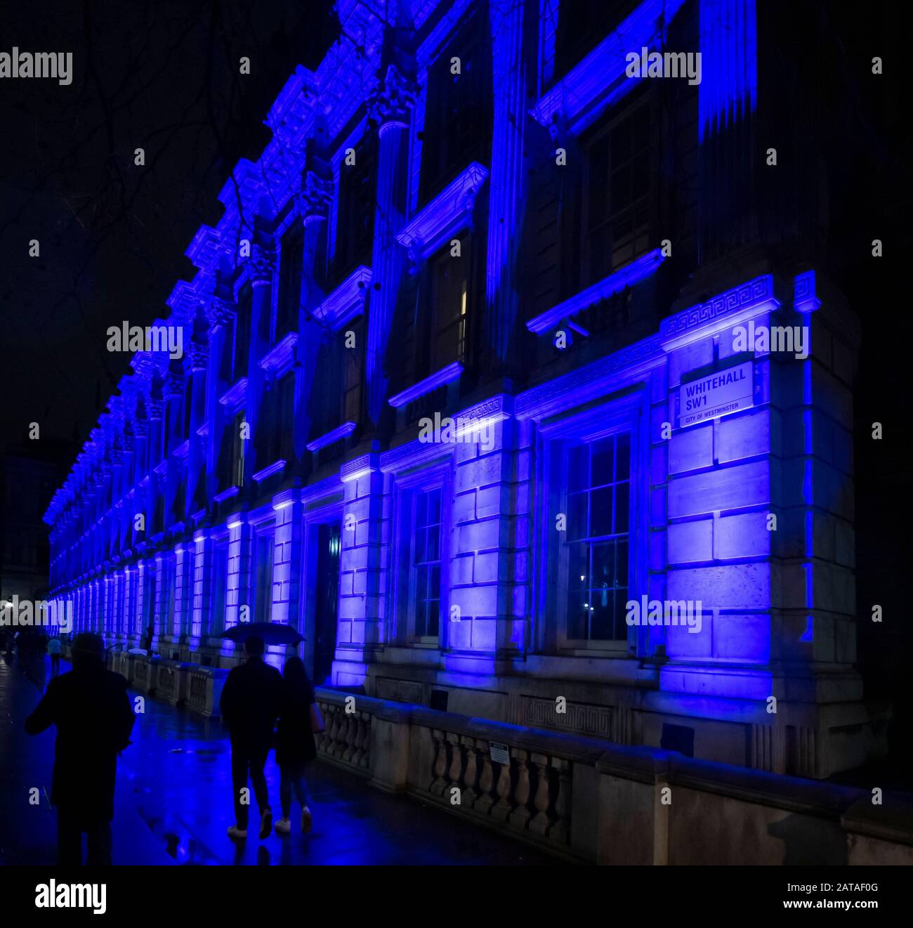Whitehall, London, UK. 31st January 2020. The Cabinet Office Government Building in Whitehall is floodlit blue to mark the UK leaving the EU at 11.00pm. Credit: Malcolm Park/Alamy . Stock Photo