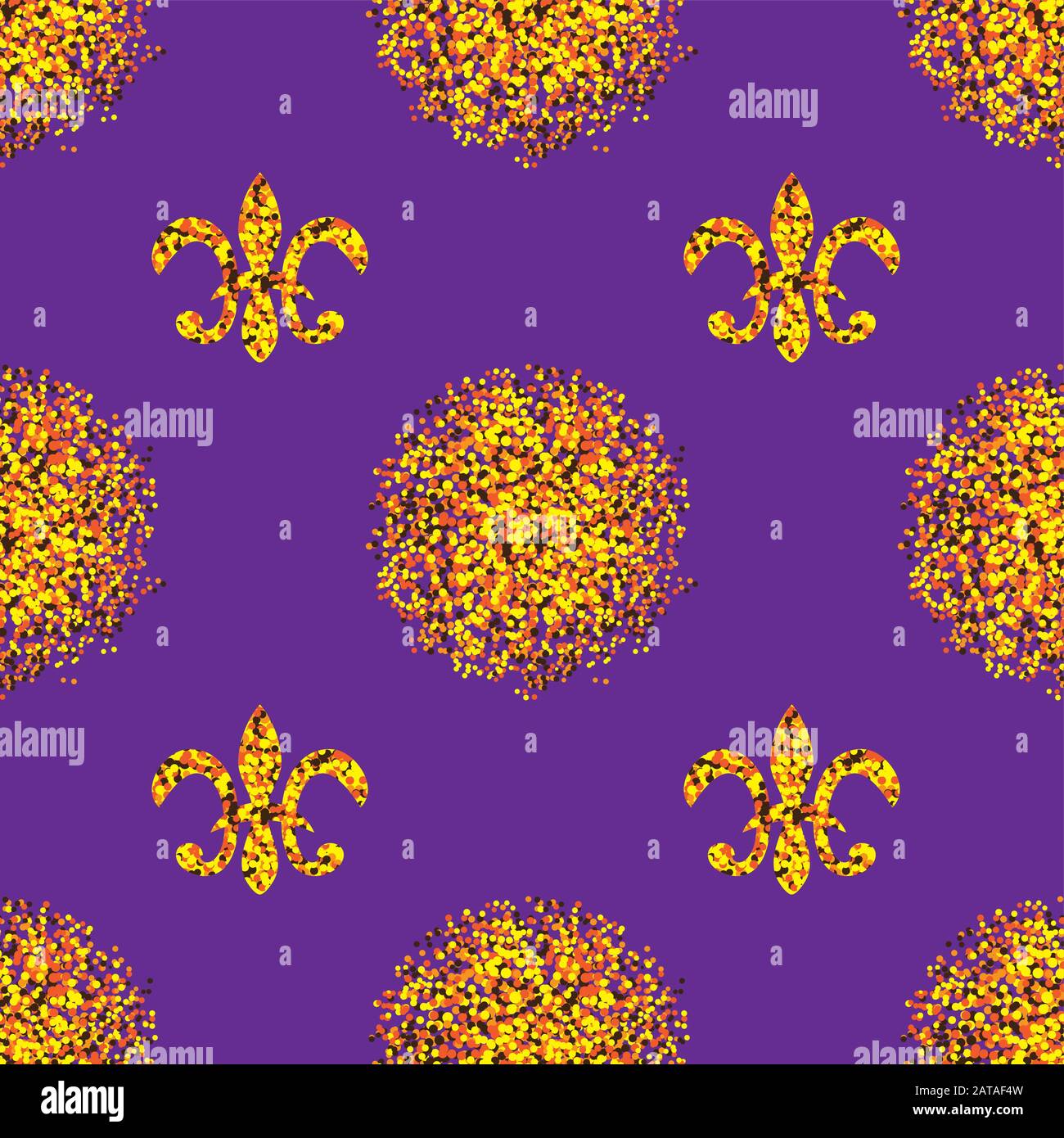 Seamless pattern of heraldic knight s Lily confetti on a purple background. Vector image Stock Vector