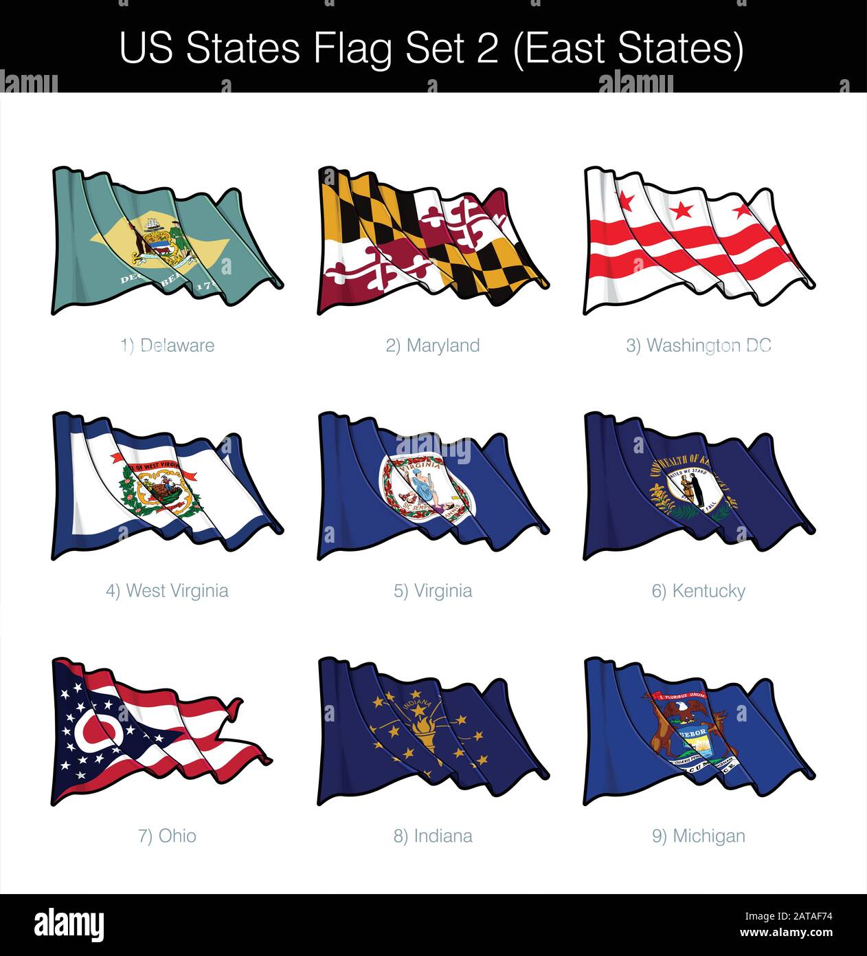 US East States Flag Set. The set includes the waving flags of Washington DC, Maryland, Delaware, West Virginia, Virginia, Kentucky, Ohio, Indiana n Mi Stock Vector