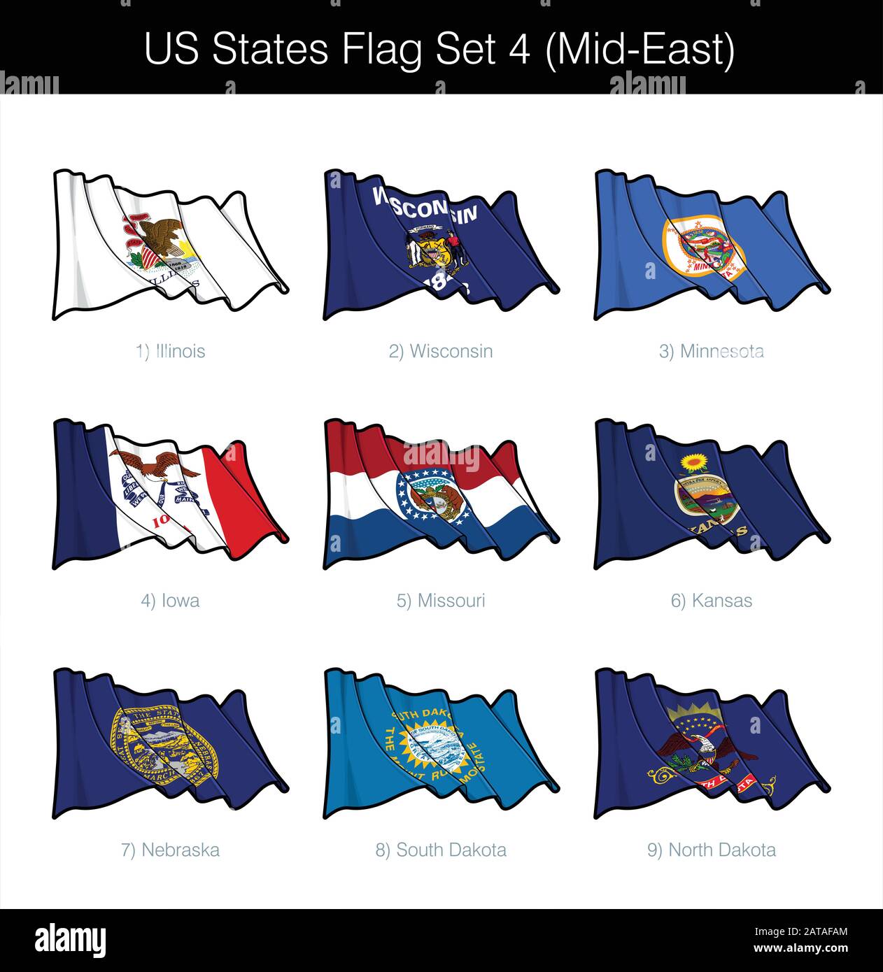 US Mid East States Flag Set. The set includes the waving flags of Illinois, Wisconsin, Minnesota, Iowa, Missouri, Kansas, Nebraska, South n North Dako Stock Vector