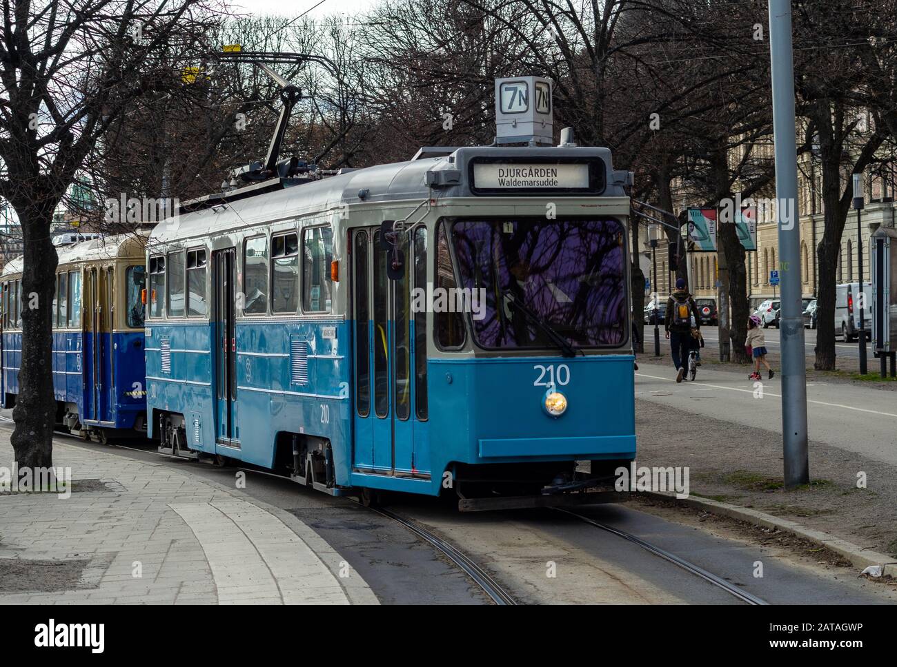 April 22, 2018, Stockholm, Sweden. Blue tram on one of the streets of Stockholm in spring clear weather. Stock Photo