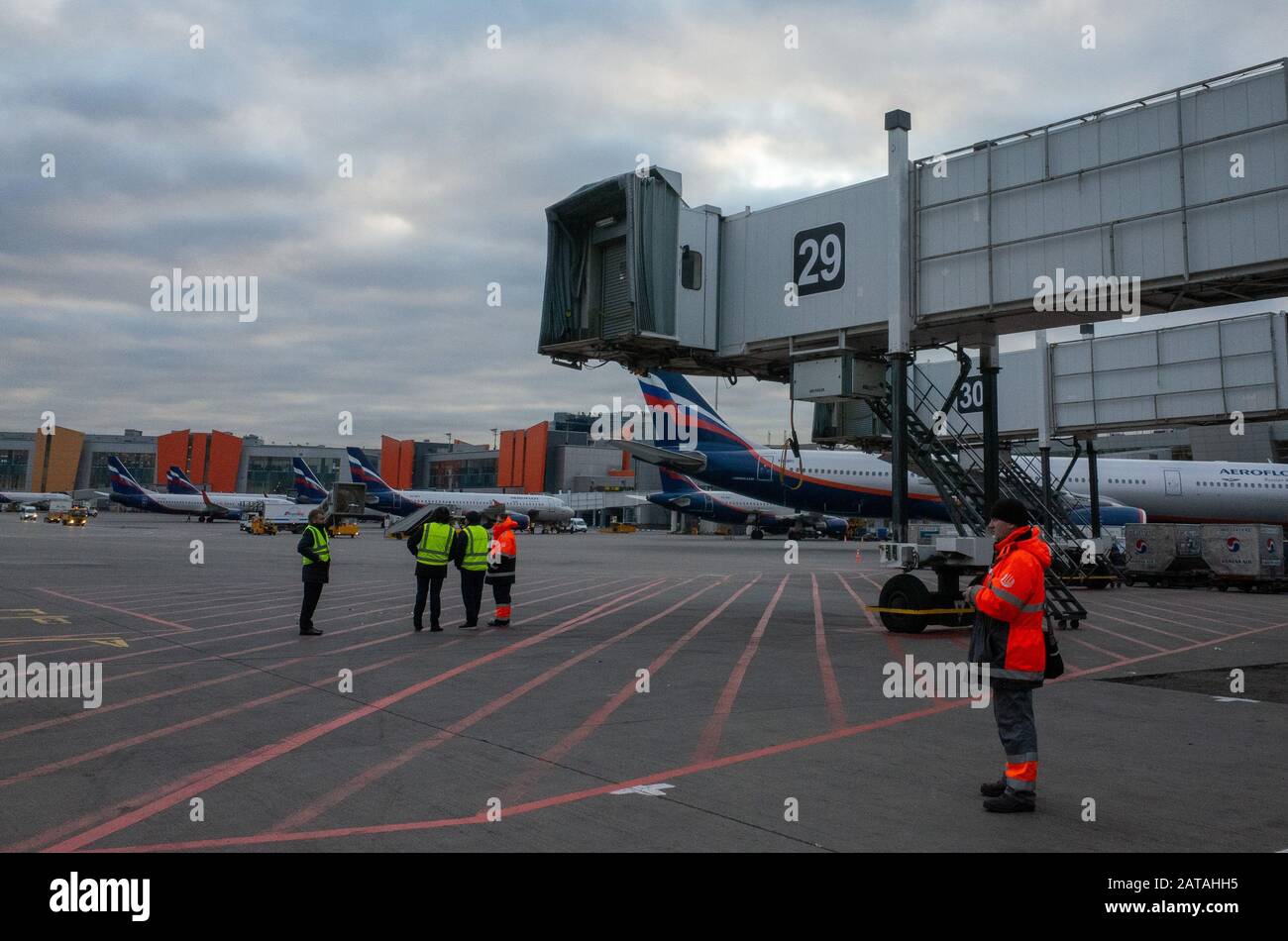 October 29 Moscow, Russia Passenger boarding bridge at Sheremetyevo International Airport. Stock Photo