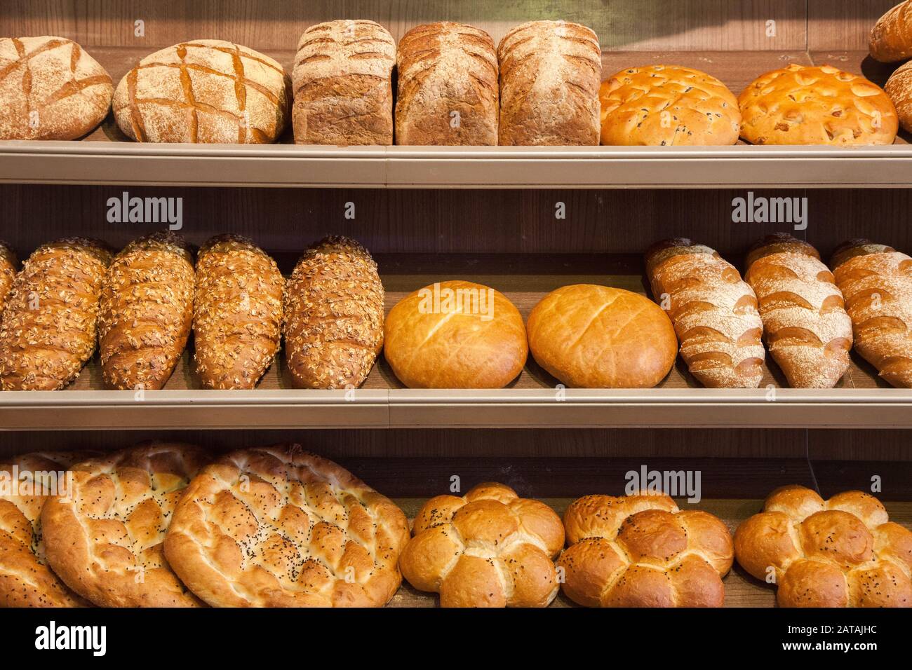 Focus on shelves with bread in a supermarket Stock Photo Alamy