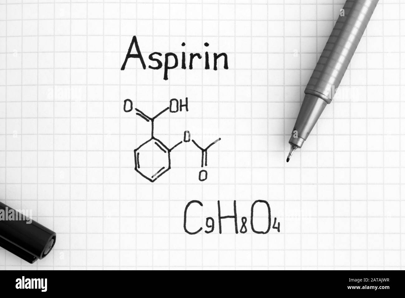 Chemical formula of Aspirin with black pen. Closeup Stock Photo Alamy
