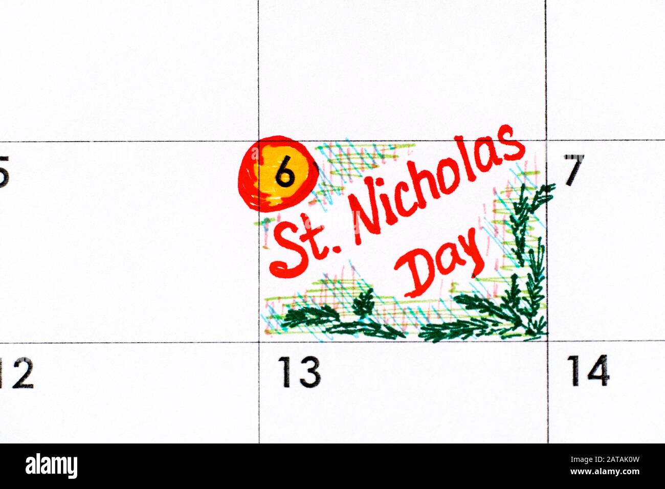 Reminder St Nicholas Day in calendar. December 06. Closeup Stock Photo