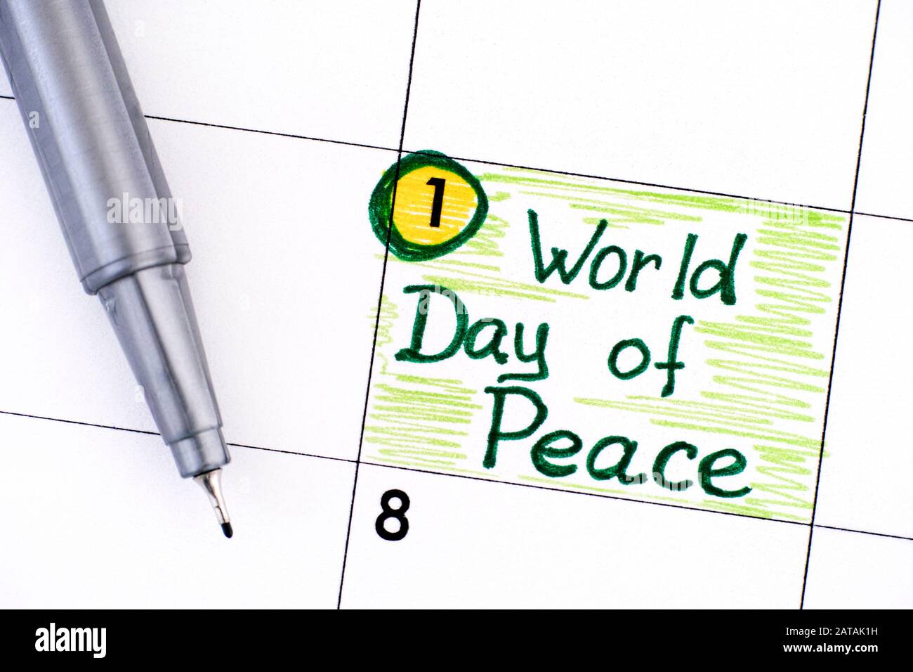 Reminder World Day of Peace in calendar with pen. January 01. Stock Photo