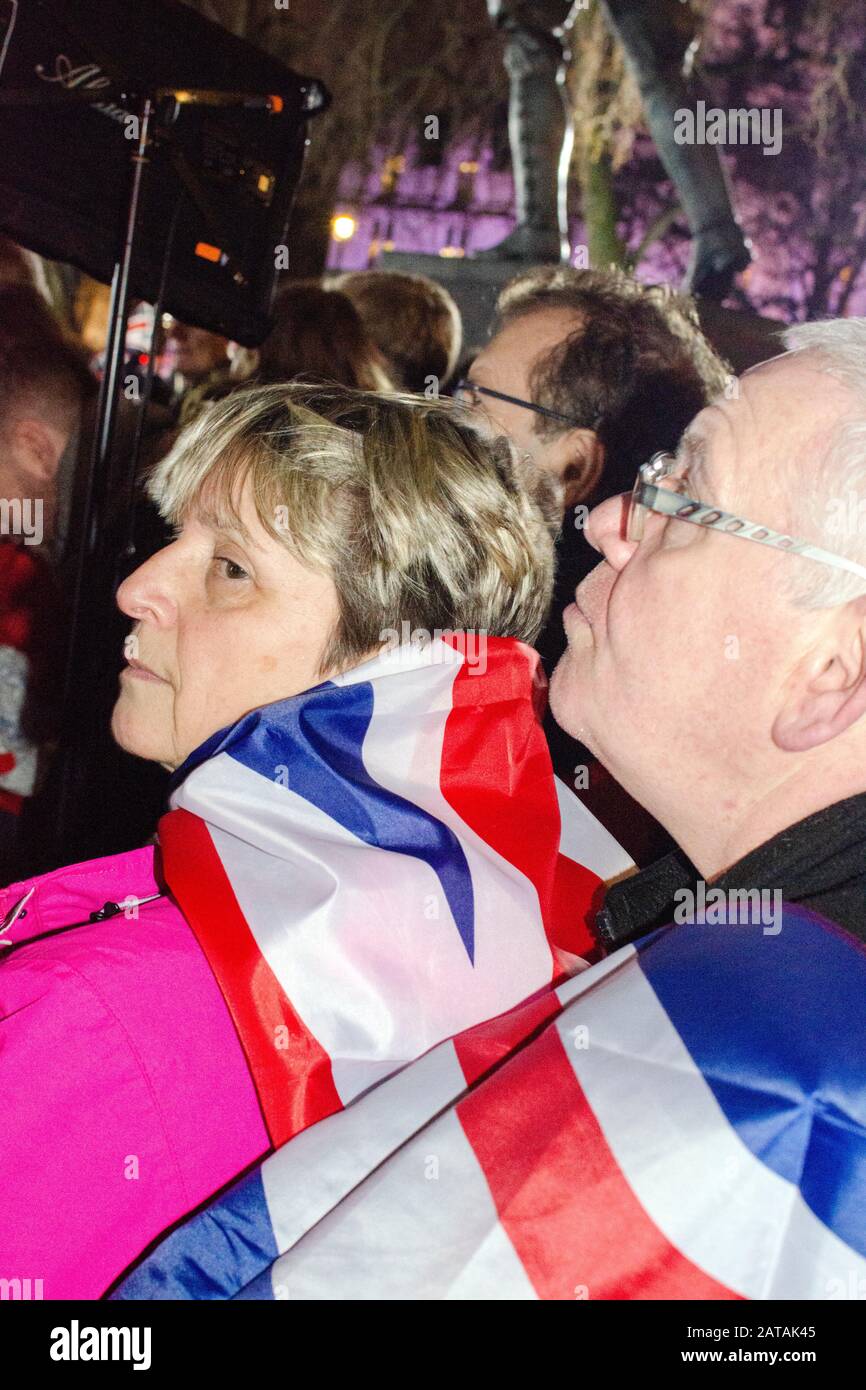 Pro Brexit Leave supporters gather in Westminster on Brexit Day as the UK prepares to leave the European Union on 31st January 2020 in London, England, United Kingdom. Stock Photo