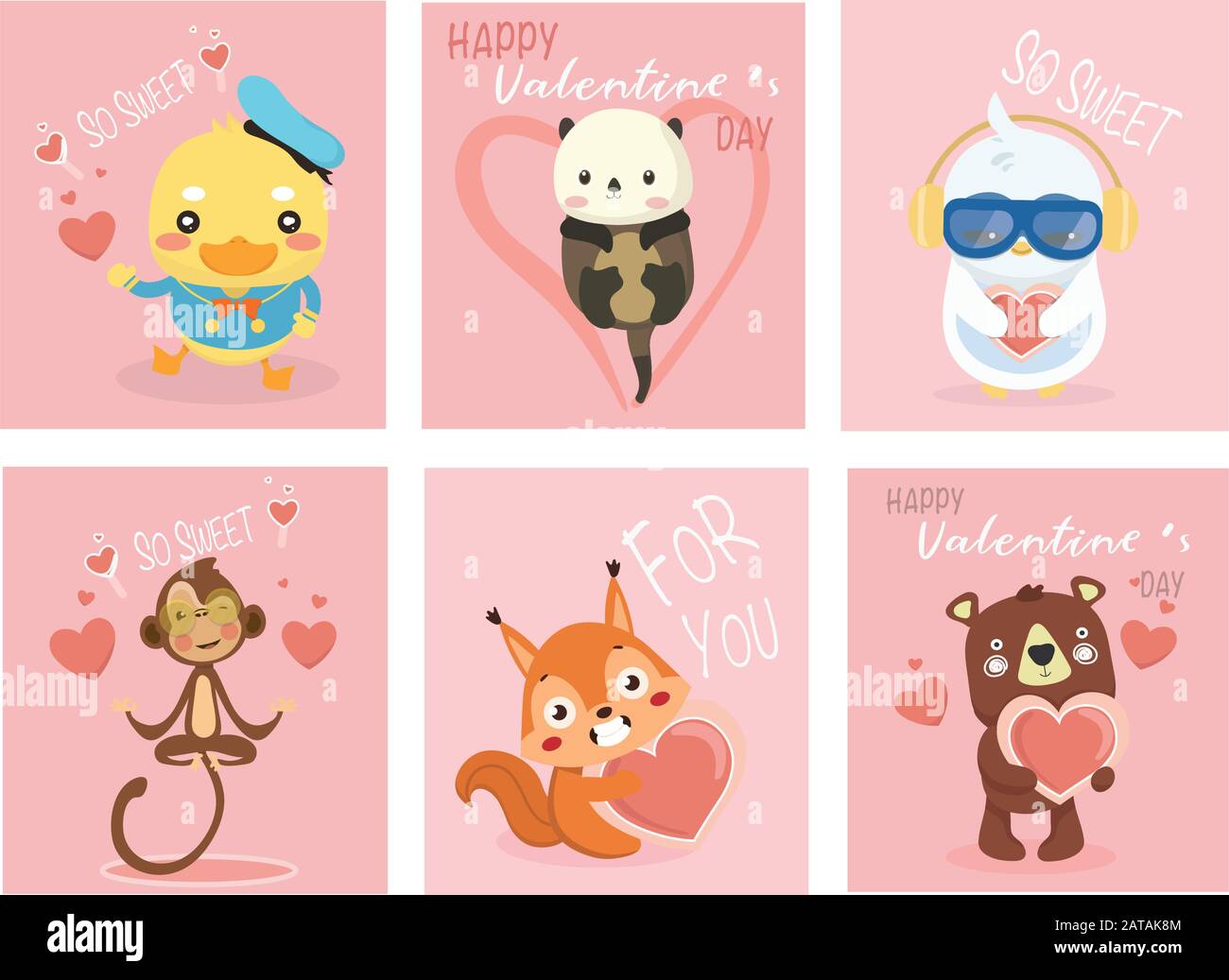 Set of Valentines day cards with cute funny animals.Concept for ...