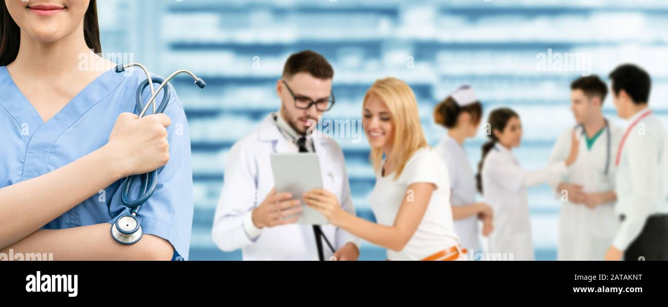 Healthcare people group. Professional doctor working in hospital office or clinic with other