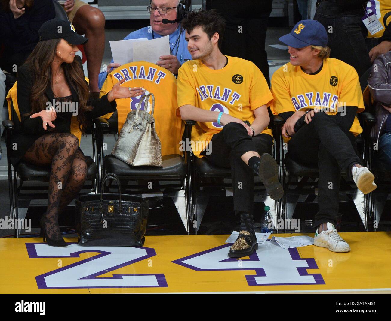 Los Angeles, United States. 01st Feb, 2020. Fans sit court side during the Los Angeles Lakers' pregame ceremony to honor Kobe Bryant before the game against the Portland Trail Blazers at Staples Center on Friday, January 31, 2020 in Los Angeles. Photo by Jim Ruymen/UPI Credit: UPI/Alamy Live News Stock Photo
