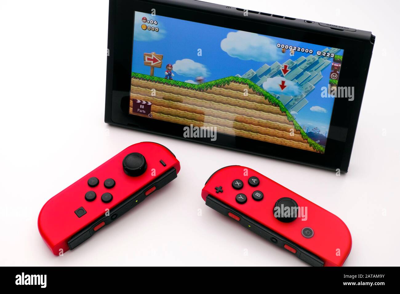 Tambov, Russian Federation - December 27, 2019 Super Mario Maker 2 video  game on Nintendo Switch video game console and two Joy-Cons. White  background Stock Photo - Alamy