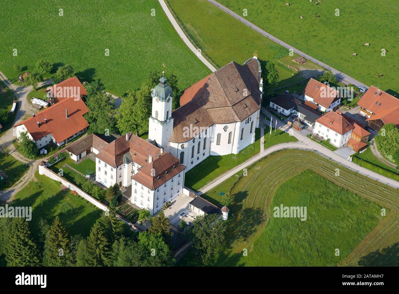 AERIAL VIEW. Historic Church of Wies. Steingaden, District of Weilheim-Schongau, Bavaria, Germany. Stock Photo