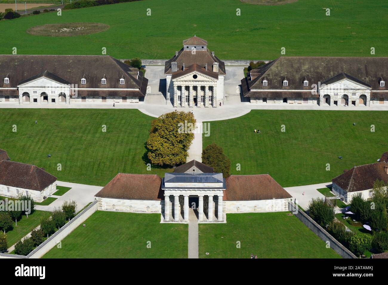 AERIAL VIEW. Royal Saltworks. Saline Royale of Arc-et-Sénans, Doubs, Franche-Comté, France. Stock Photo