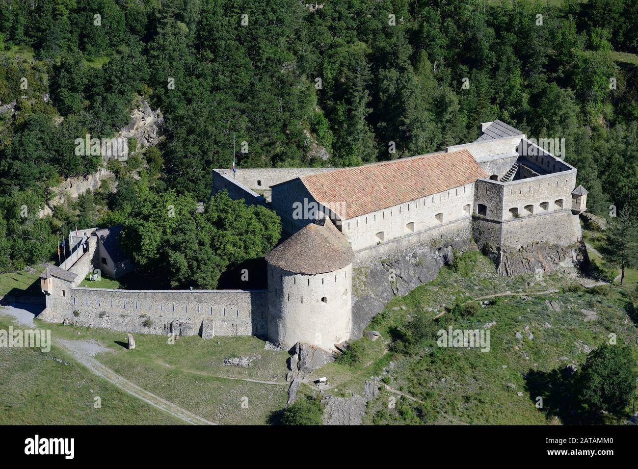 AERIAL VIEW. Castle in the Upper Verdon Valley. Colmars-les-Alpes, Alpes de Haute-Provence, France. Stock Photo