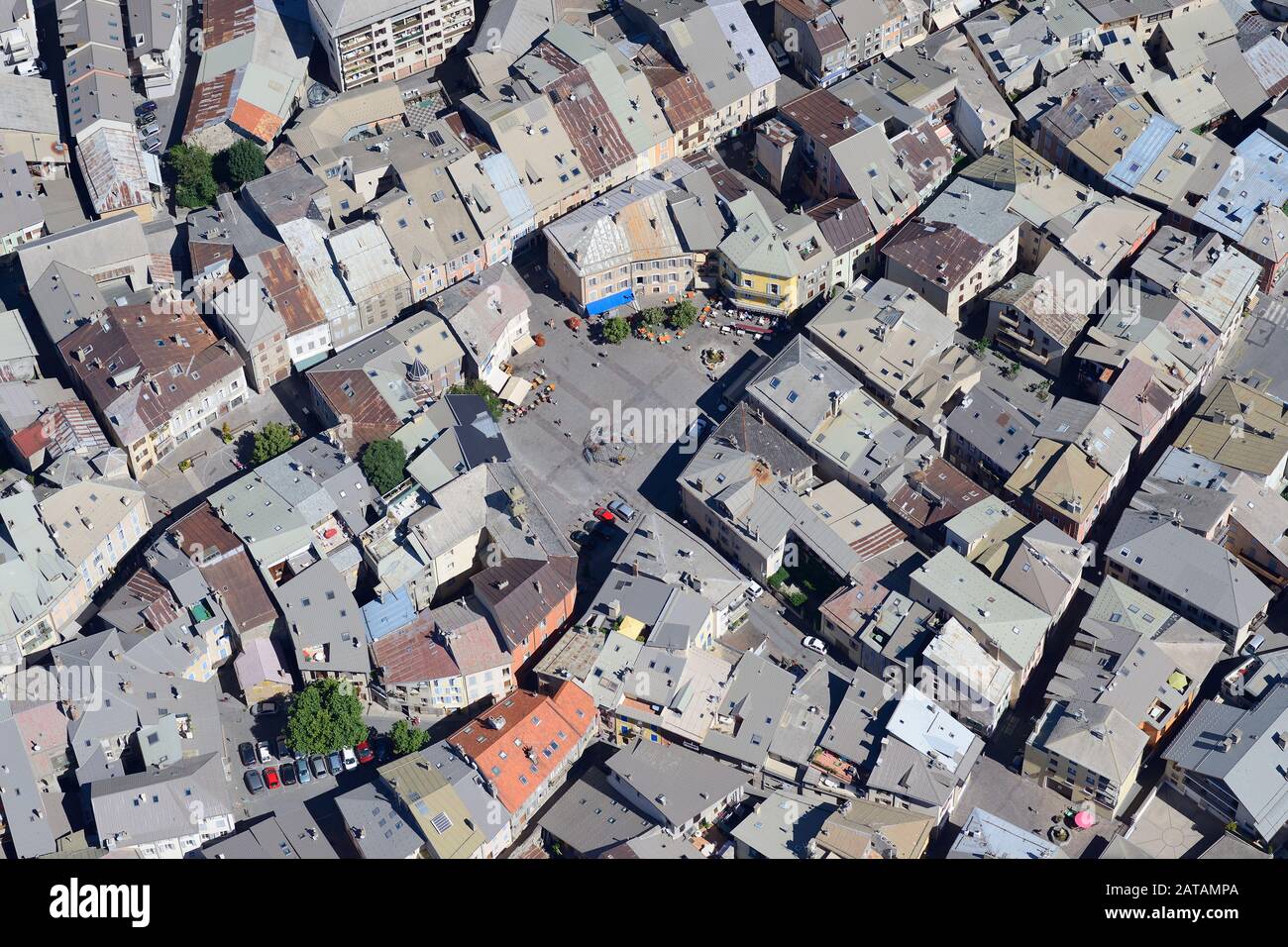 BARTHELON PLAZA IN THE HISTORIC CENTER OF EMBRUN (aerial view). Hautes-Alpes, France. Stock Photo